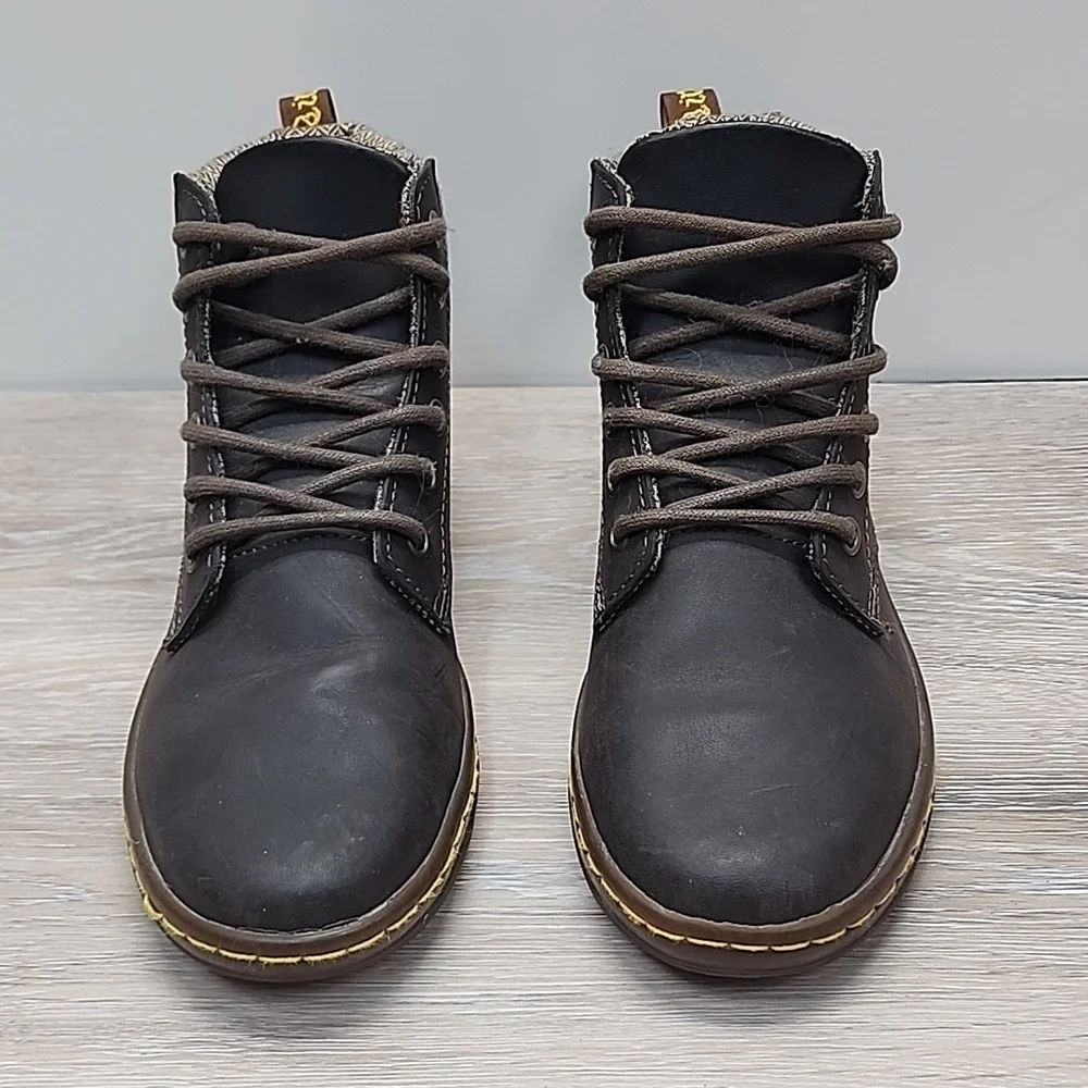​Dr. Martens Women Maelly Dark Brown Leather Boots w/Herringbone Tweed Cuff 6 - Picture 5 of 12